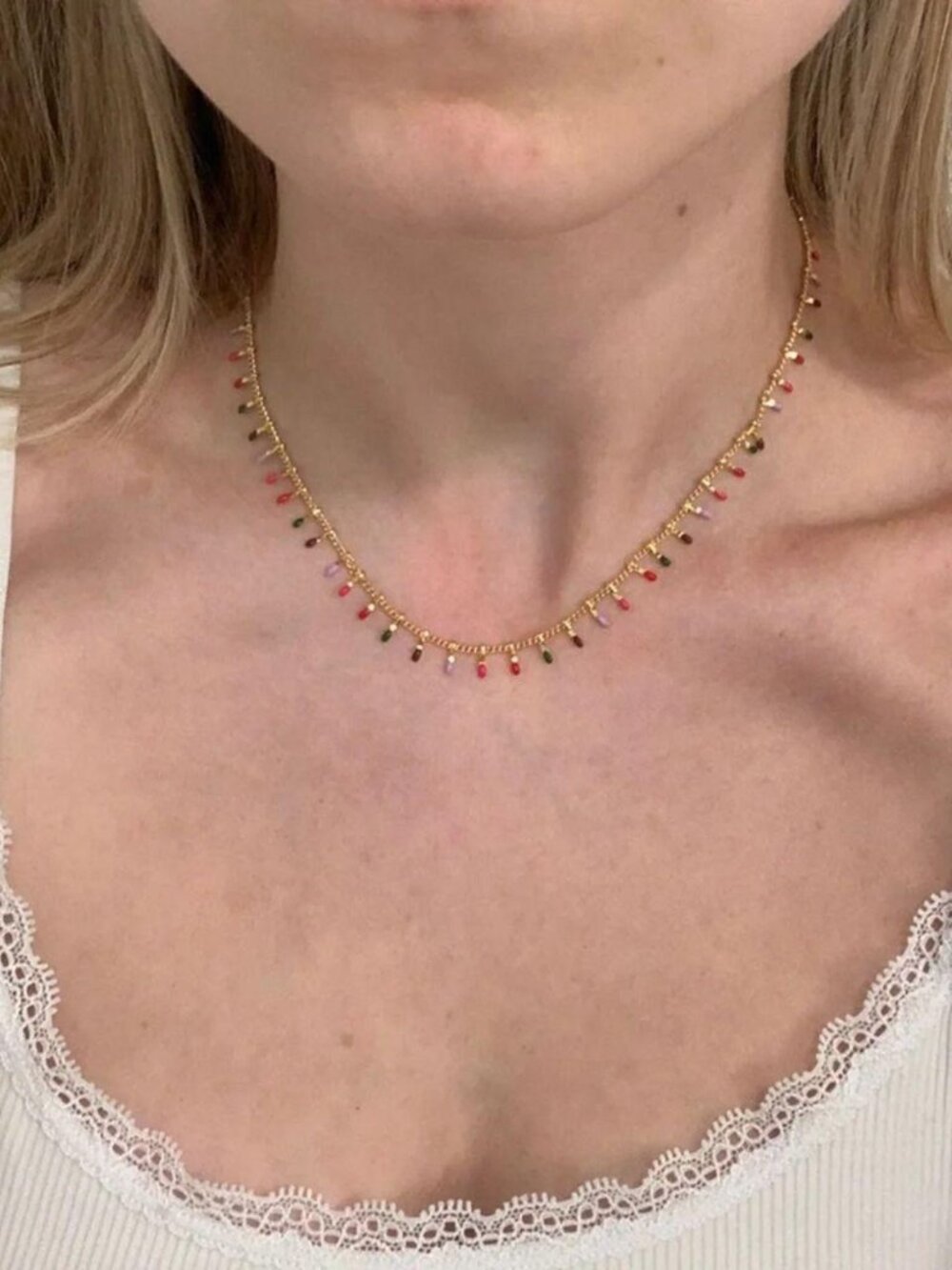 The Shari gold stainless steel chain necklace dainty colorful enamel rainbow